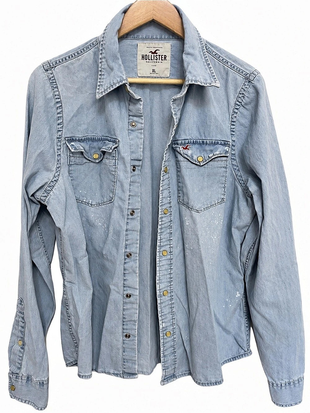Hollister Light Wash Denim Pearl Snap Shirt XL Blue